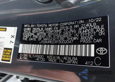 2023 Toyota Corolla Le из США, поврежденный, VIN JTDB4MEEXP3002047